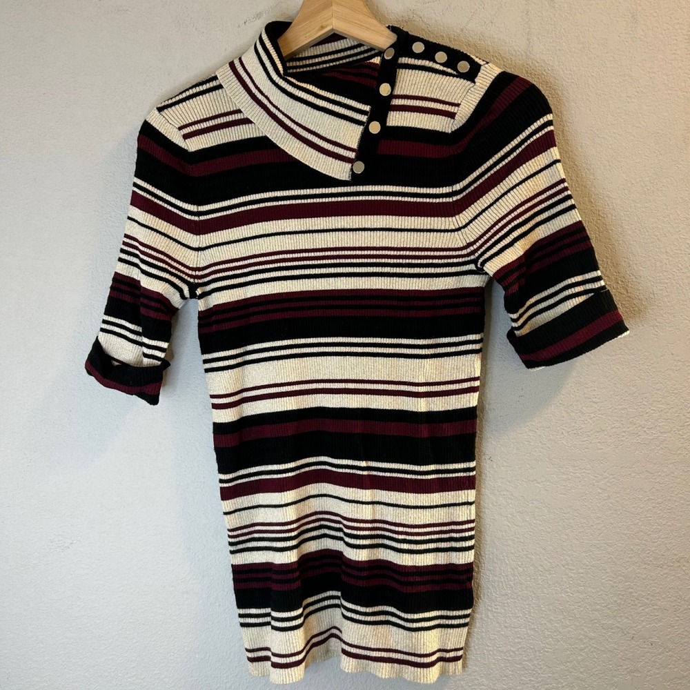 White House Black Market Striped Knit Top Button Neck 3/4 Sleeve Women's Med